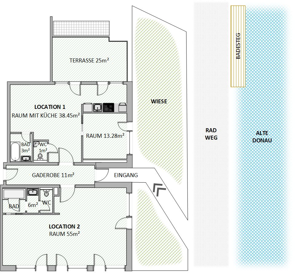 Grundriss: Location 2 mit 55 m² neben Location 1, Wiese, Radweg und Alter Donau