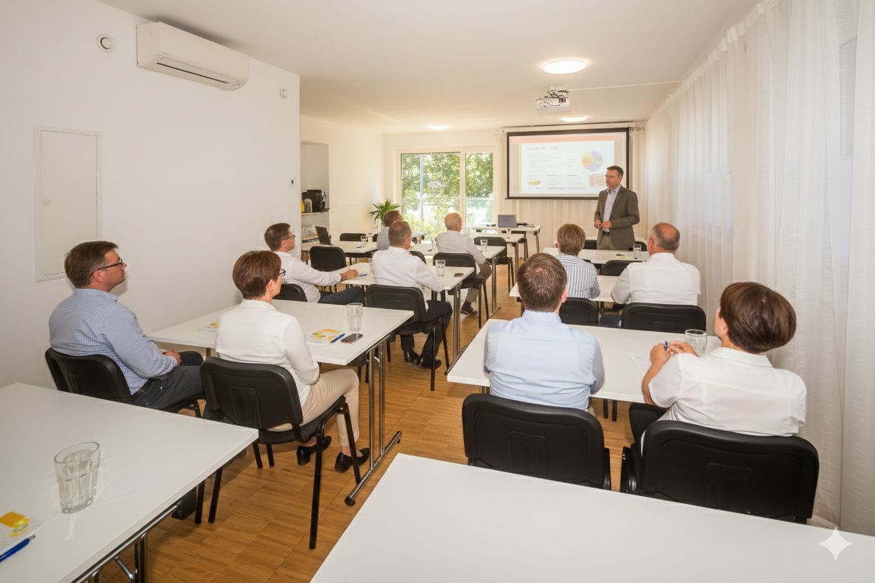Präsentation in Schulungsbestuhlung (KI-Visualisierung)