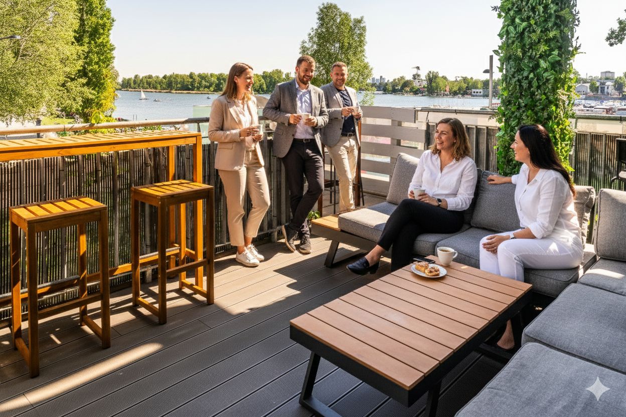 Kaffeepause auf der Terrasse direkt an der Alten Donau (KI-Visualisierung)